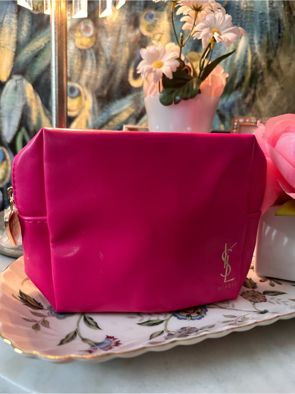 NWOT Yves Saint Laurent Fuchsia Cosmetic Pouch with YSL Logo